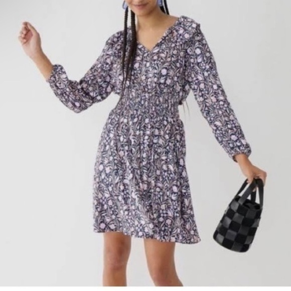 J Crew long sleeve ruffle V-neck mini dress in floral fields smocked waist - Picture 1 of 11
